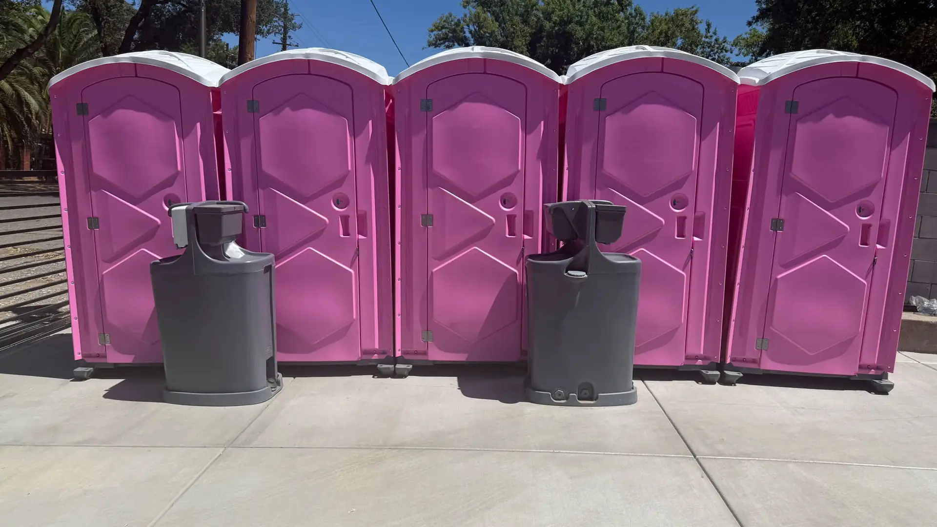Pink event toilets with two-sided wash stations lined up for a Bridgeport party