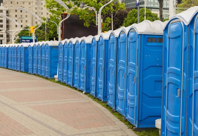 a row of portable restrooms at a fairground, offering visitors a clean and hassle-free experience in paradise